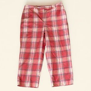 Talbots Coral Pink Plaid Stretch Cotton Cropped Pants l 21" inseam | Coastal